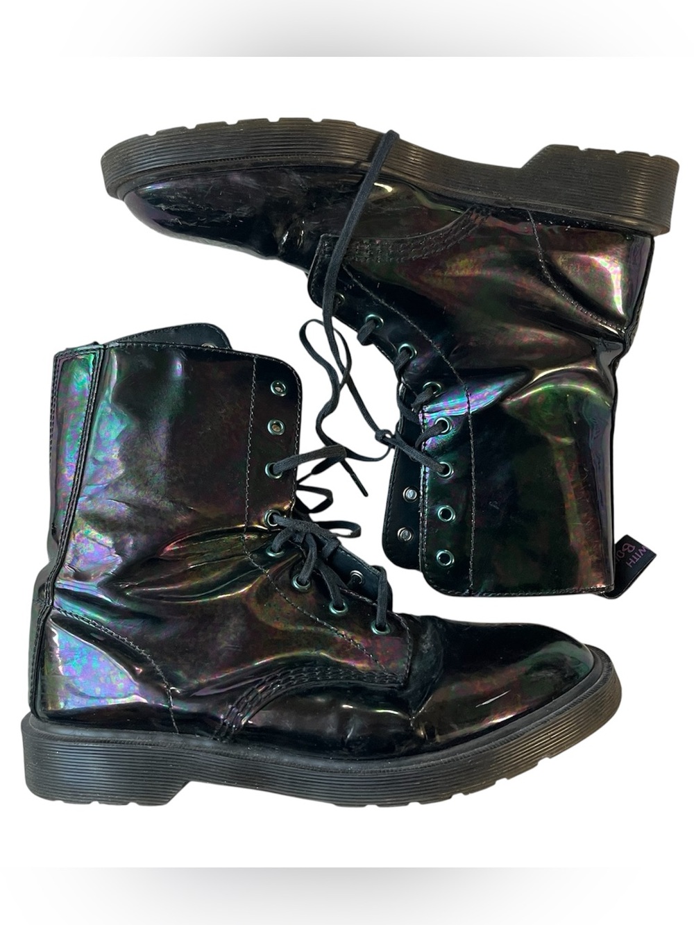 DR MARTENS BLACK RAINBOW PATENT LEATHER COMBAT BOOTS WOMENS 10